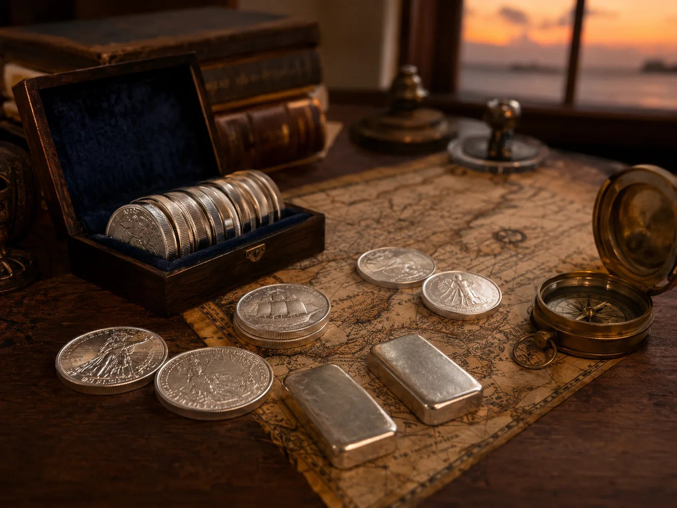 Silver collection with a maritime map and compass
